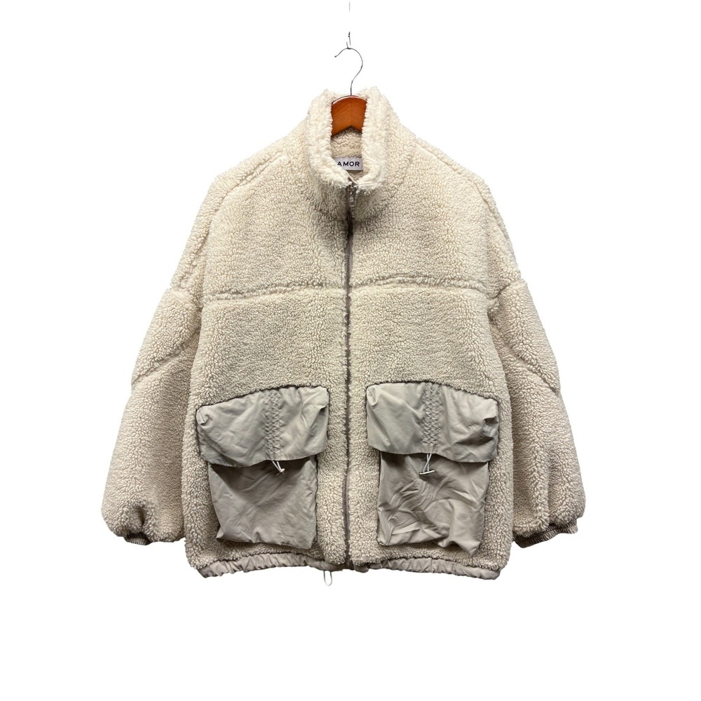 AMOR Fleece Sherpa Jacket Women's L‎ Beige Oversized Zip Front Pockets Cozy Warm